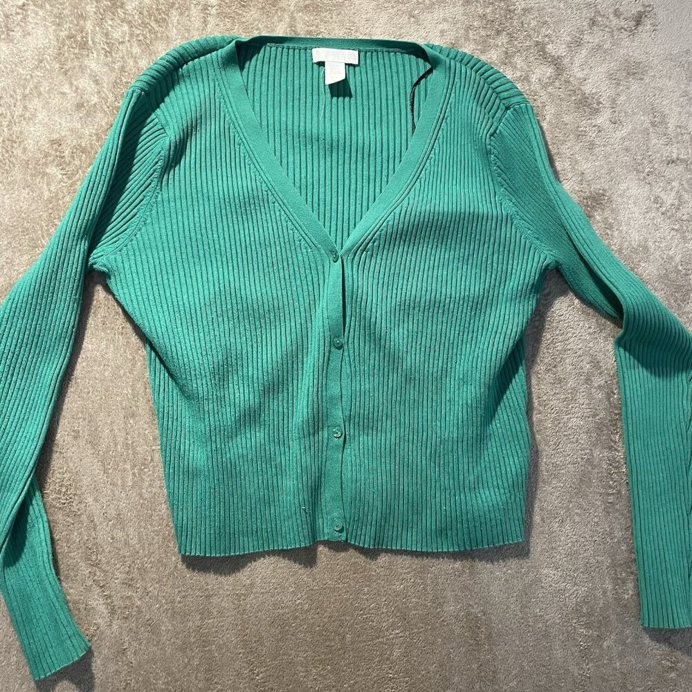 H&M Cardigan Womens XXL 2X  Ribbed Kelly Green Knit Sweater Vneck Stretch Button